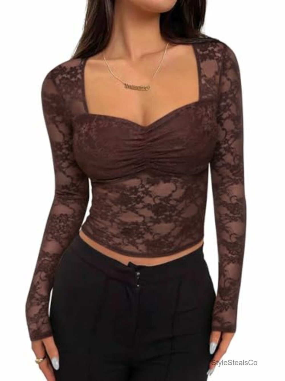 Women's Sheer Mesh Floral Lace Long Sleeve Top